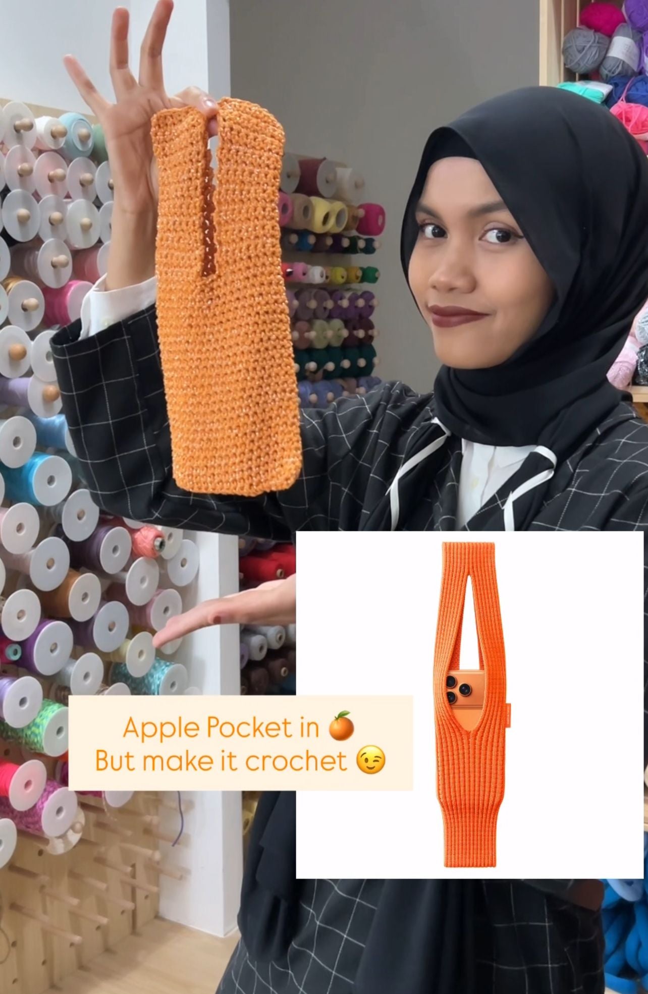 Person holding a crochet Apple Pocket with text overlay in a yarn store setting